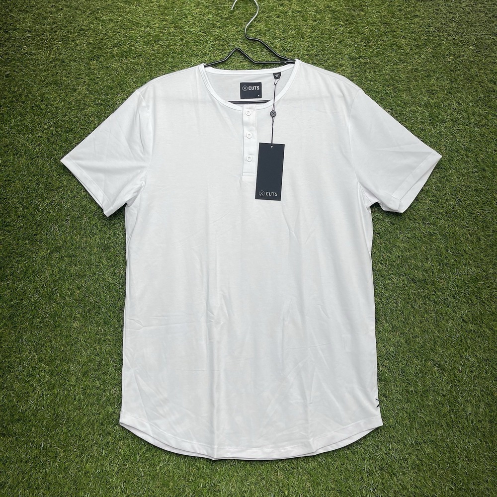 Cuts Clothing Henley Shirt Mens Medium Curve-Hem Fit Short Sleeve White NWT